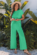 Wild Wind Solid Corded Knit Short Sleeve T Shirt and Wide Leg Pants Set