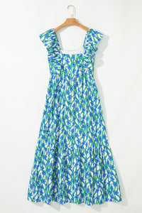 Pink Floral Print Square Neck Ruffled Strap Maxi Dress