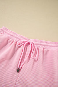 Pink Textured Ruffled Sleeve Zipped Top and Wide Leg Pants Set