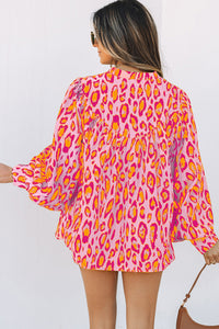 Light French Beige Oversized Leopard Print Balloon Sleeve Casual Shirt