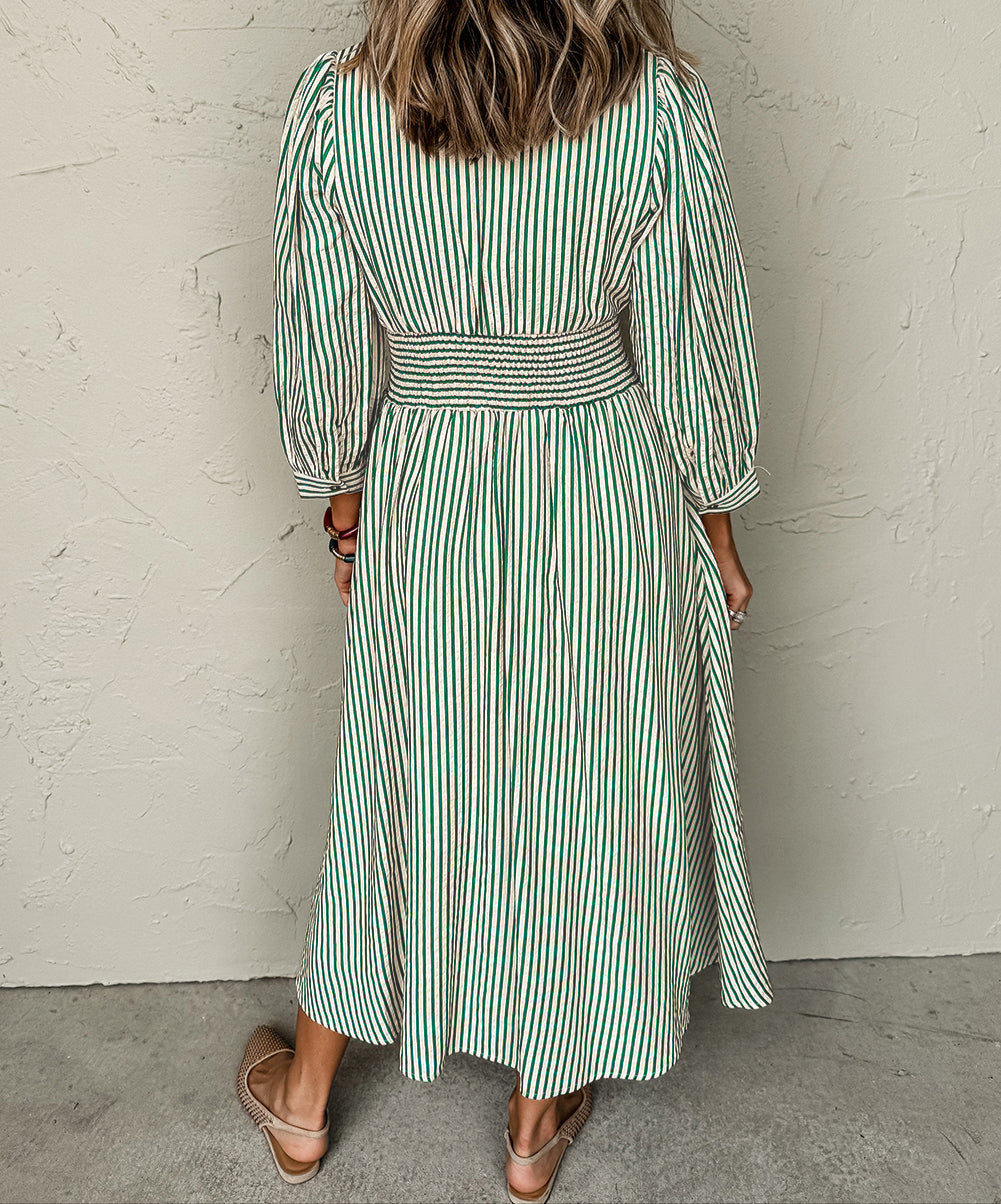 Green Stripe Clinched Midi Dress