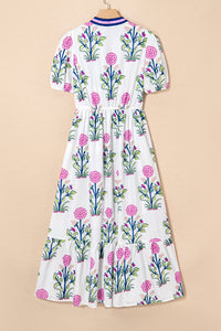 White Floral Puff Short Sleeve V Neck High Waist Maxi Dress