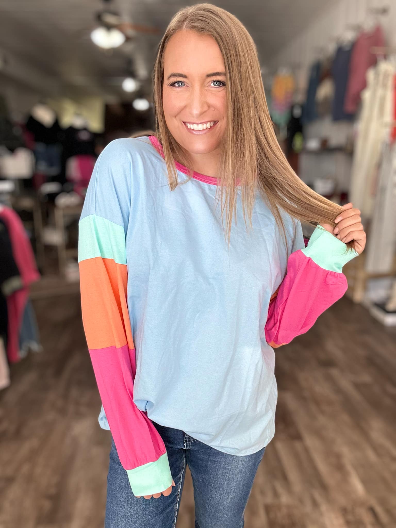 Blue Molly Lightweight Color Block Long Sleeve