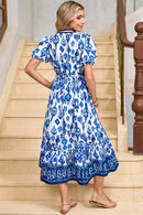White Floral Puff Short Sleeve V Neck High Waist Maxi Dress