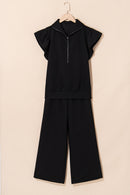 Pink Textured Ruffled Sleeve Zipped Top and Wide Leg Pants Set