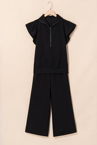 Pink Textured Ruffled Sleeve Zipped Top and Wide Leg Pants Set
