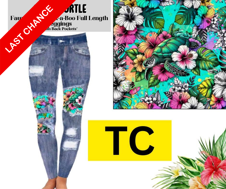 Aloha Turtle Faux Denim Full Length Peekaboo Leggings