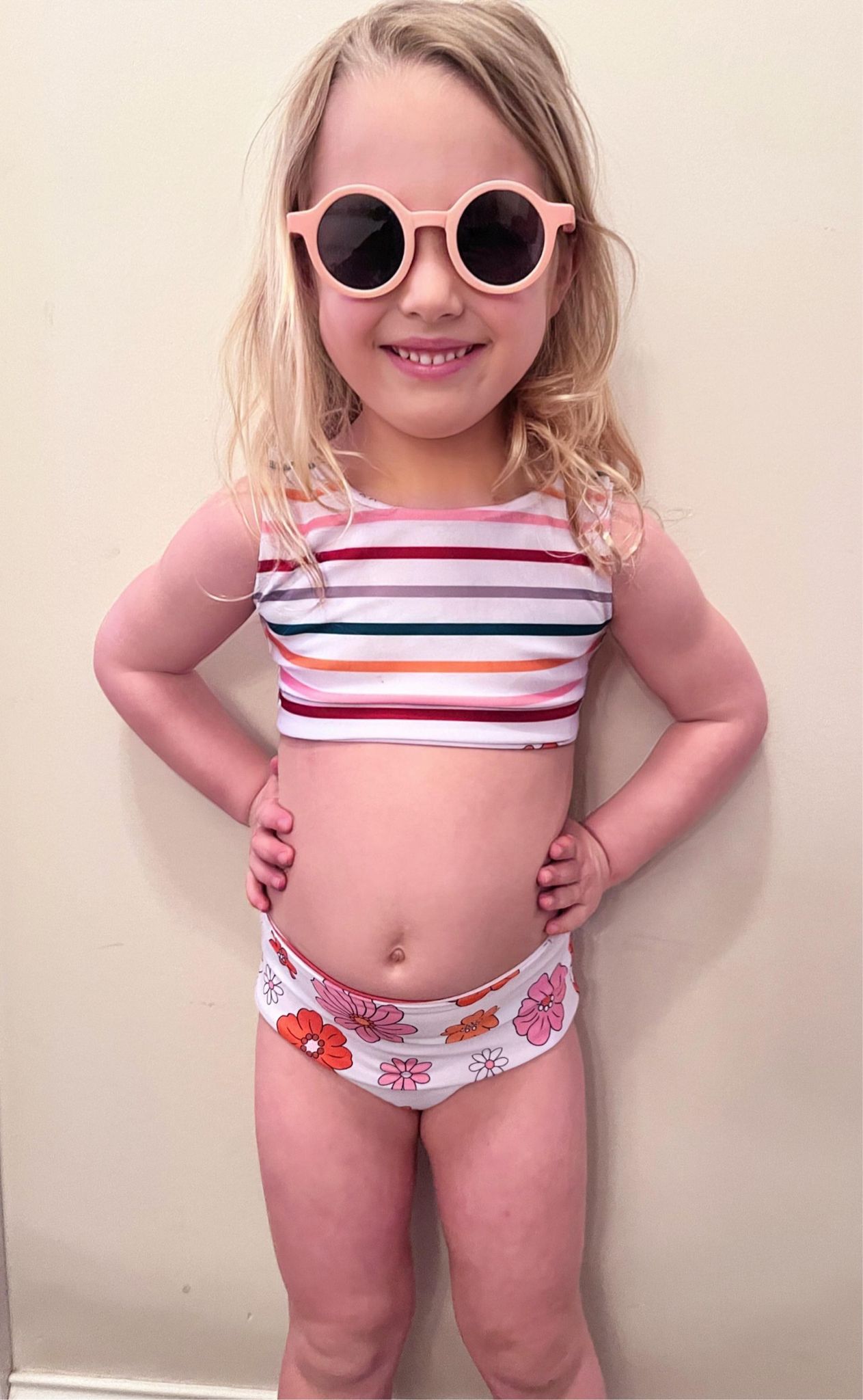 Retro flower and stripes kids reversible swim-