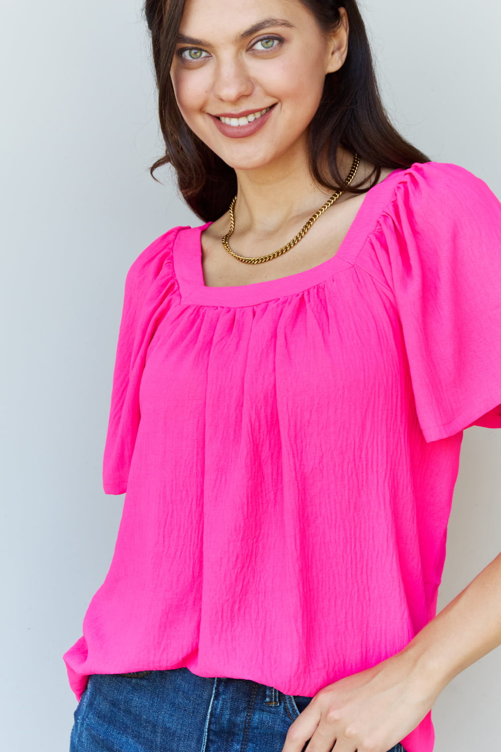 Ninexis Keep Me Close Square Neck Short Sleeve Blouse in Fuchsia - The Sapphire Star