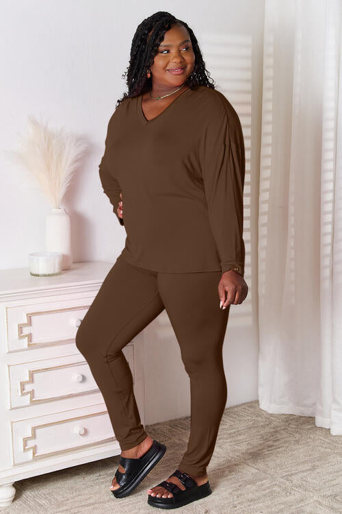 Basic Bae Full Size V-Neck Soft Rayon Long Sleeve Top and Pants Lounge Set - The Sapphire Star