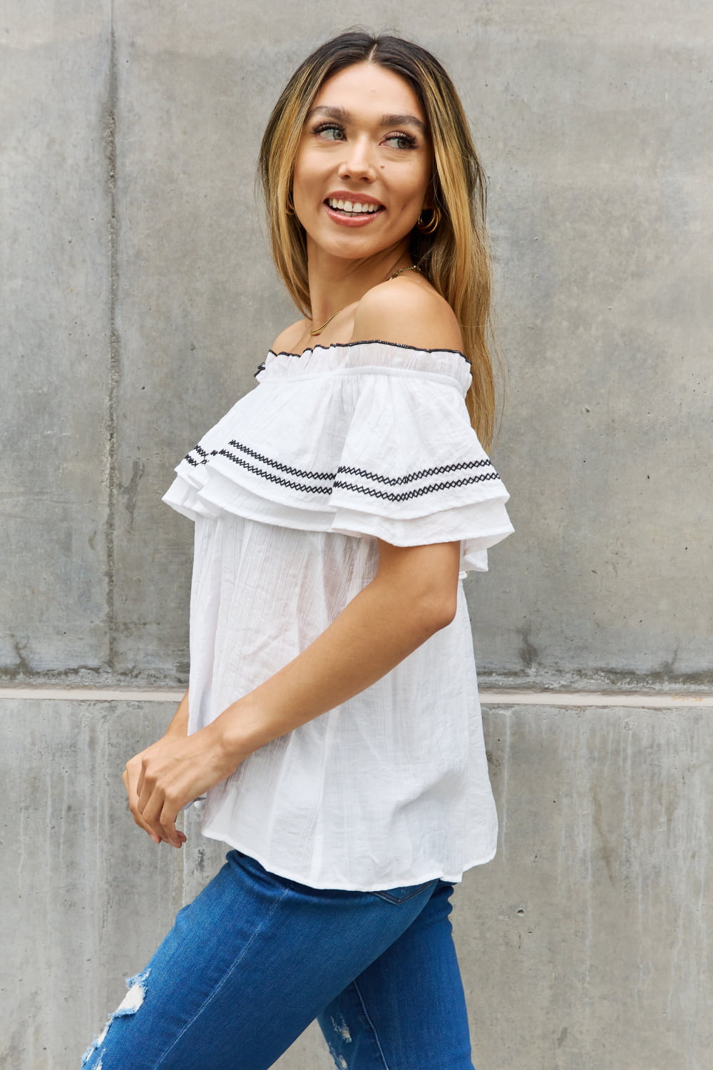 ODDI Full Size Off The Shoulder Ruffle Blouse - The Sapphire Star