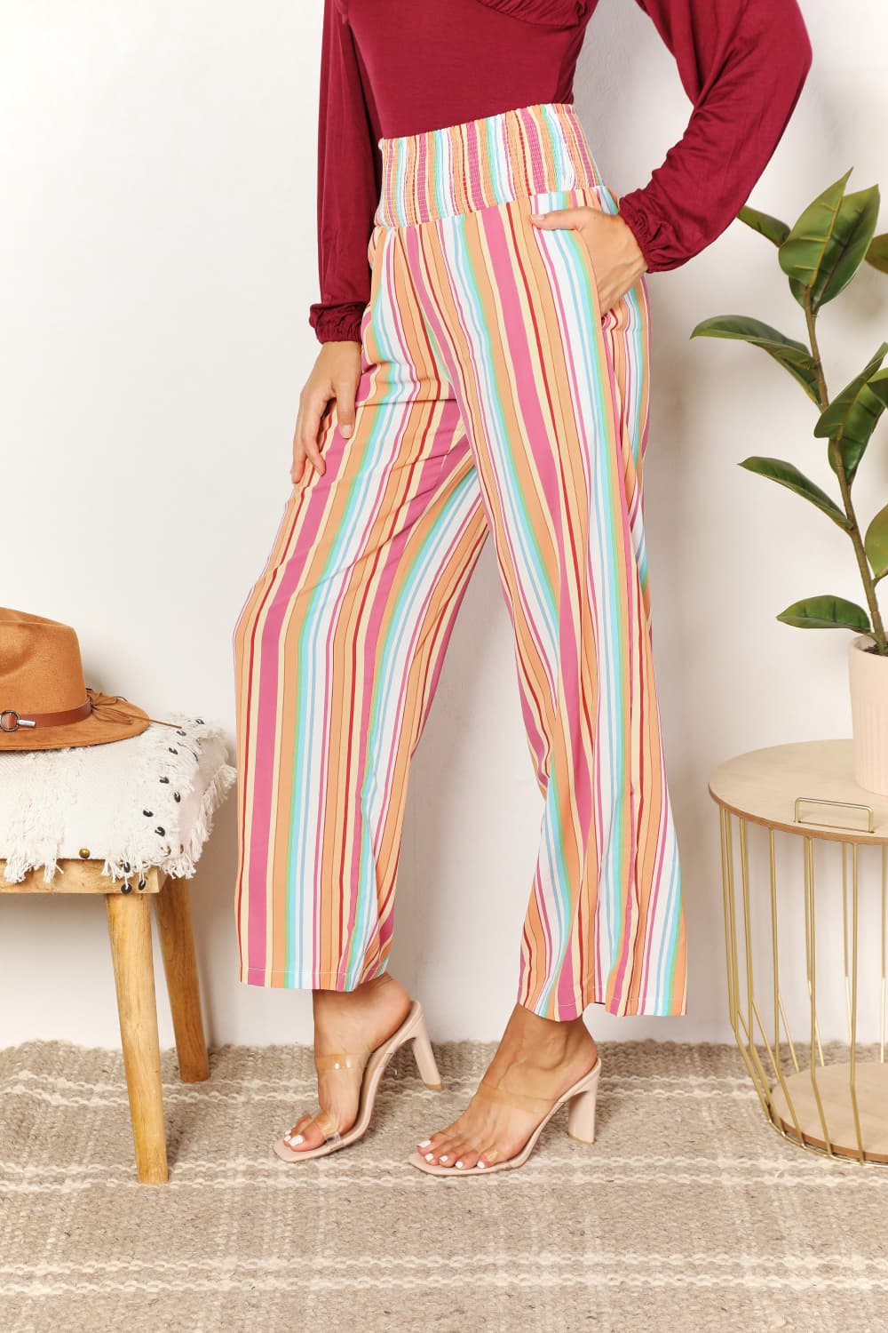 Double Take Striped Smocked Waist Pants with Pockets - The Sapphire Star