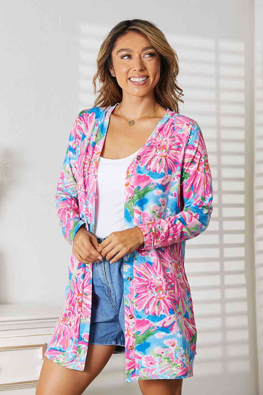 Double Take Floral Open Front Long Sleeve Cardigan - The Sapphire Star