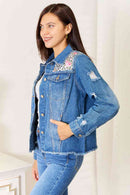 Baeful Leopard Floral Distressed Raw Hem Denim Jacket - The Sapphire Star