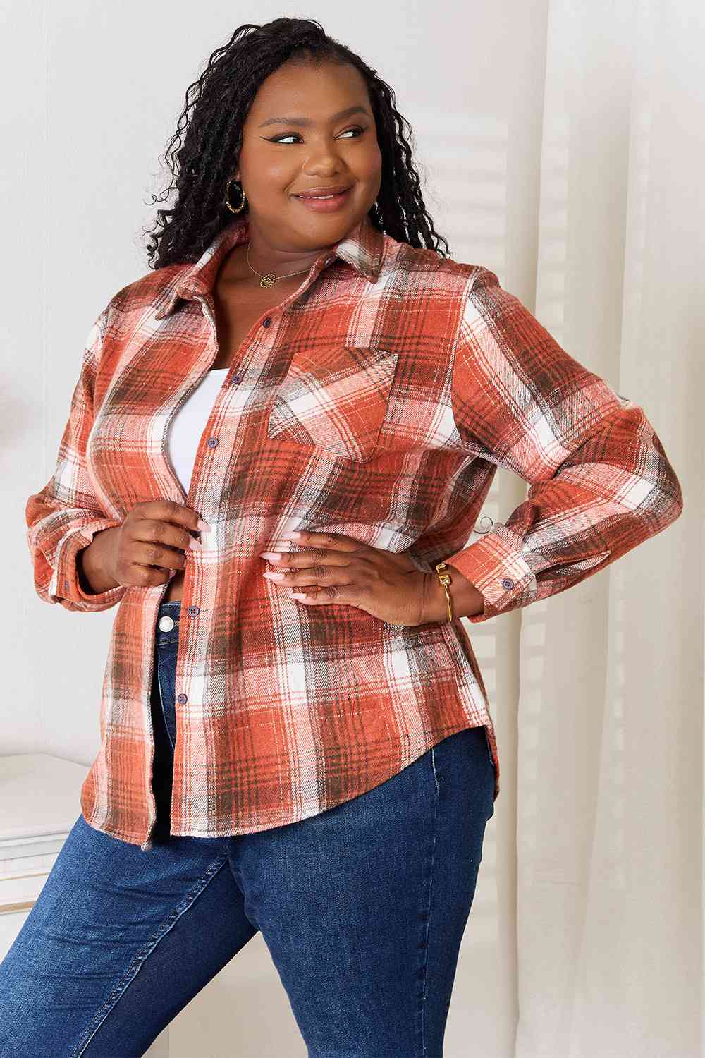 Double Take Plaid Collared Neck Long Sleeve Shirt - The Sapphire Star