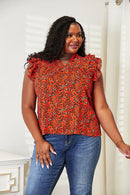 Double Take Floral Flutter Sleeve Notched Neck Blouse - The Sapphire Star