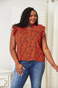 Double Take Floral Flutter Sleeve Notched Neck Blouse - The Sapphire Star