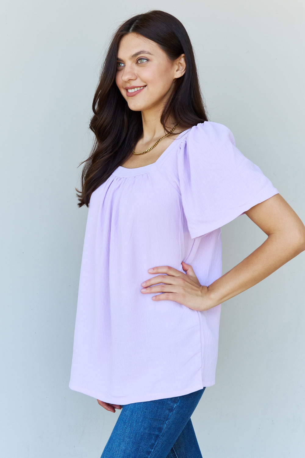 Ninexis Keep Me Close Square Neck Short Sleeve Blouse in Lavender - The Sapphire Star