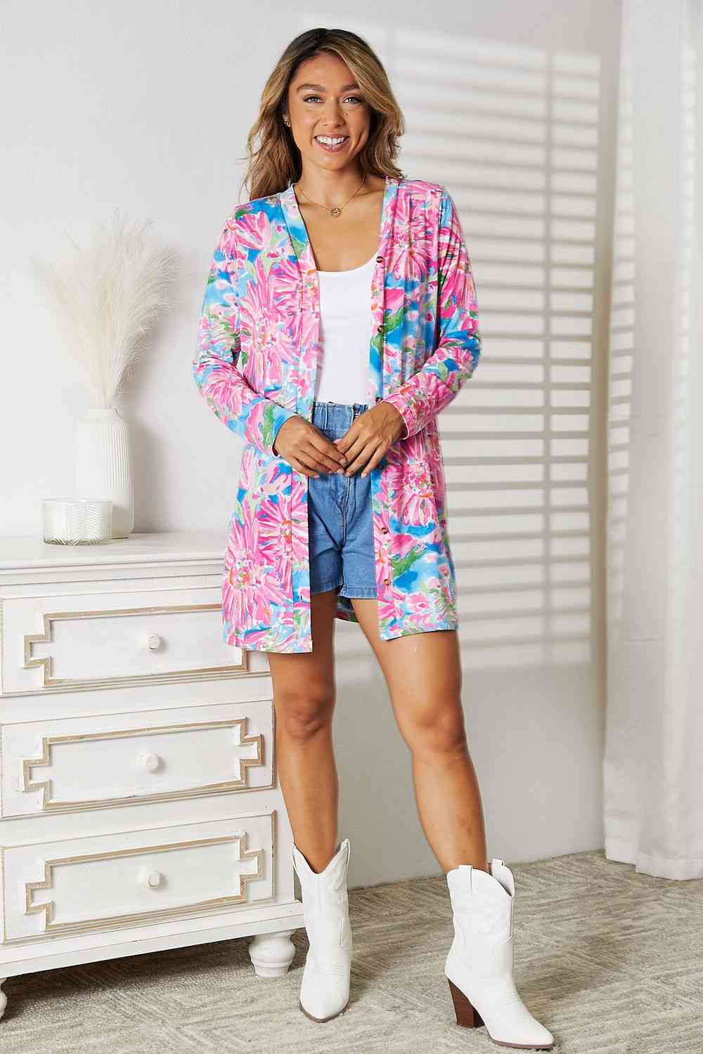 Double Take Floral Open Front Long Sleeve Cardigan - The Sapphire Star