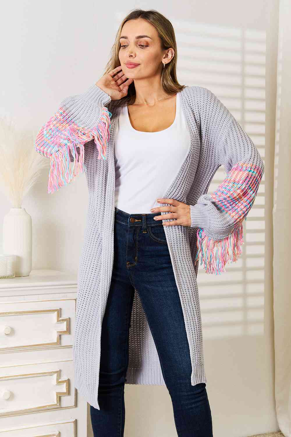 Woven Right Fringe Sleeve Dropped Shoulder Cardigan - The Sapphire Star