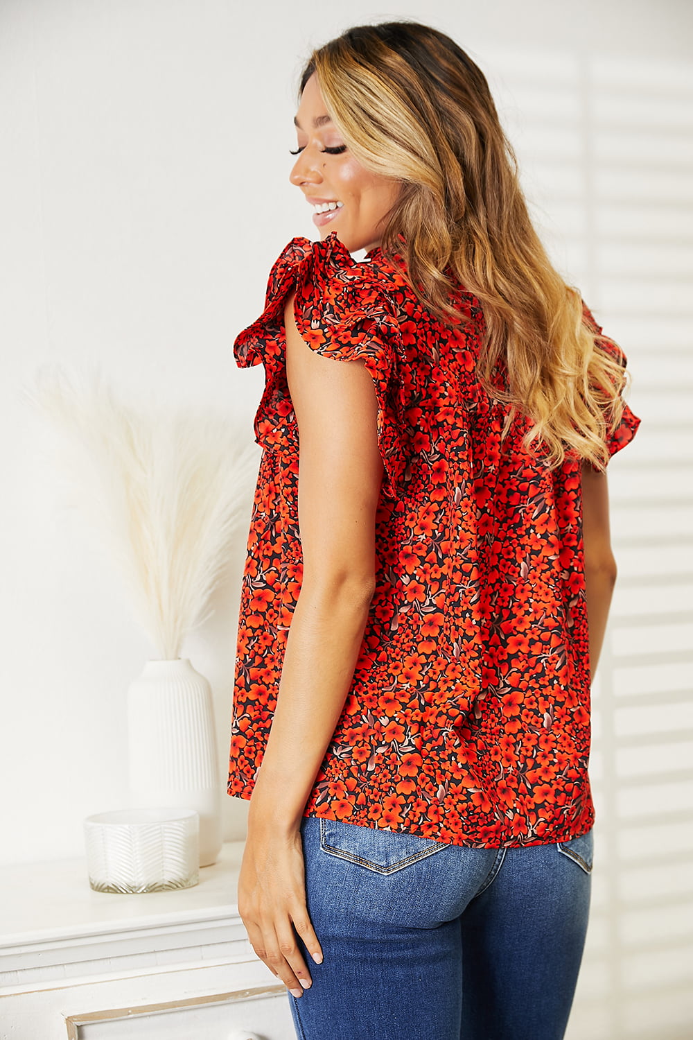 Double Take Floral Flutter Sleeve Notched Neck Blouse - The Sapphire Star