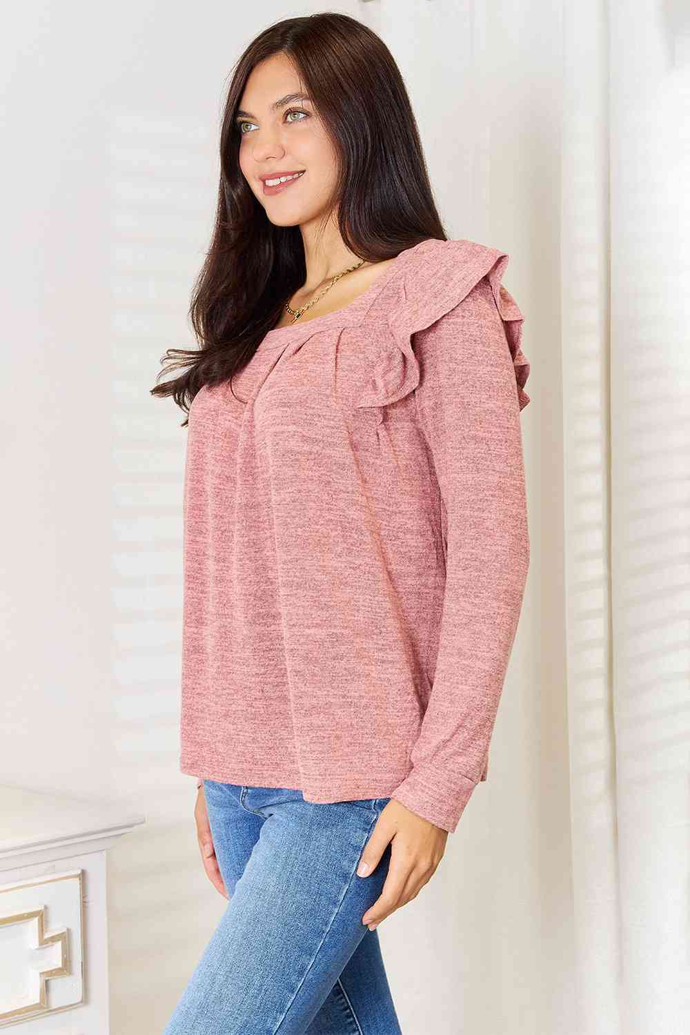 Double Take Square Neck Ruffle Shoulder Long Sleeve T-Shirt - The Sapphire Star