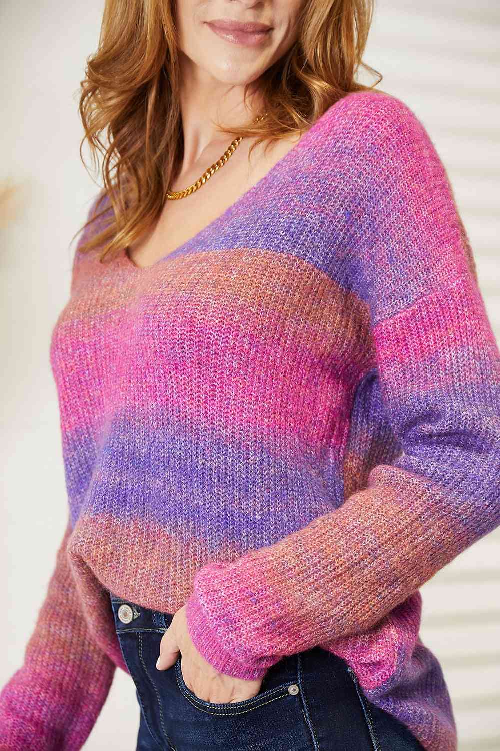 Double Take Multicolored Rib-Knit V-Neck Knit Pullover - The Sapphire Star