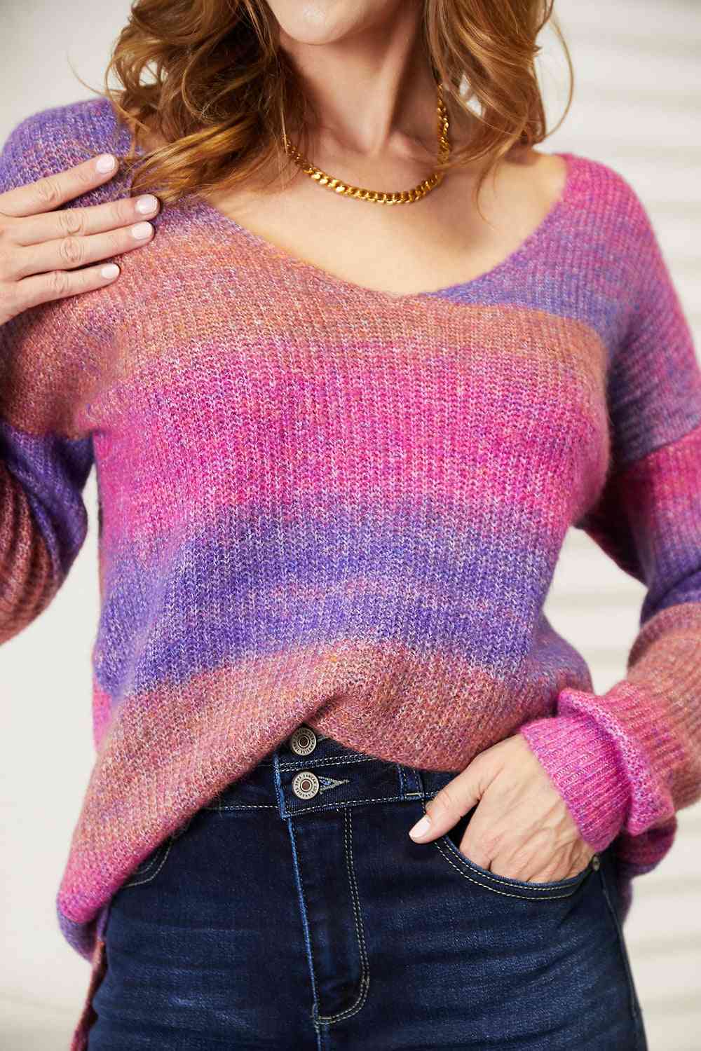 Double Take Multicolored Rib-Knit V-Neck Knit Pullover - The Sapphire Star