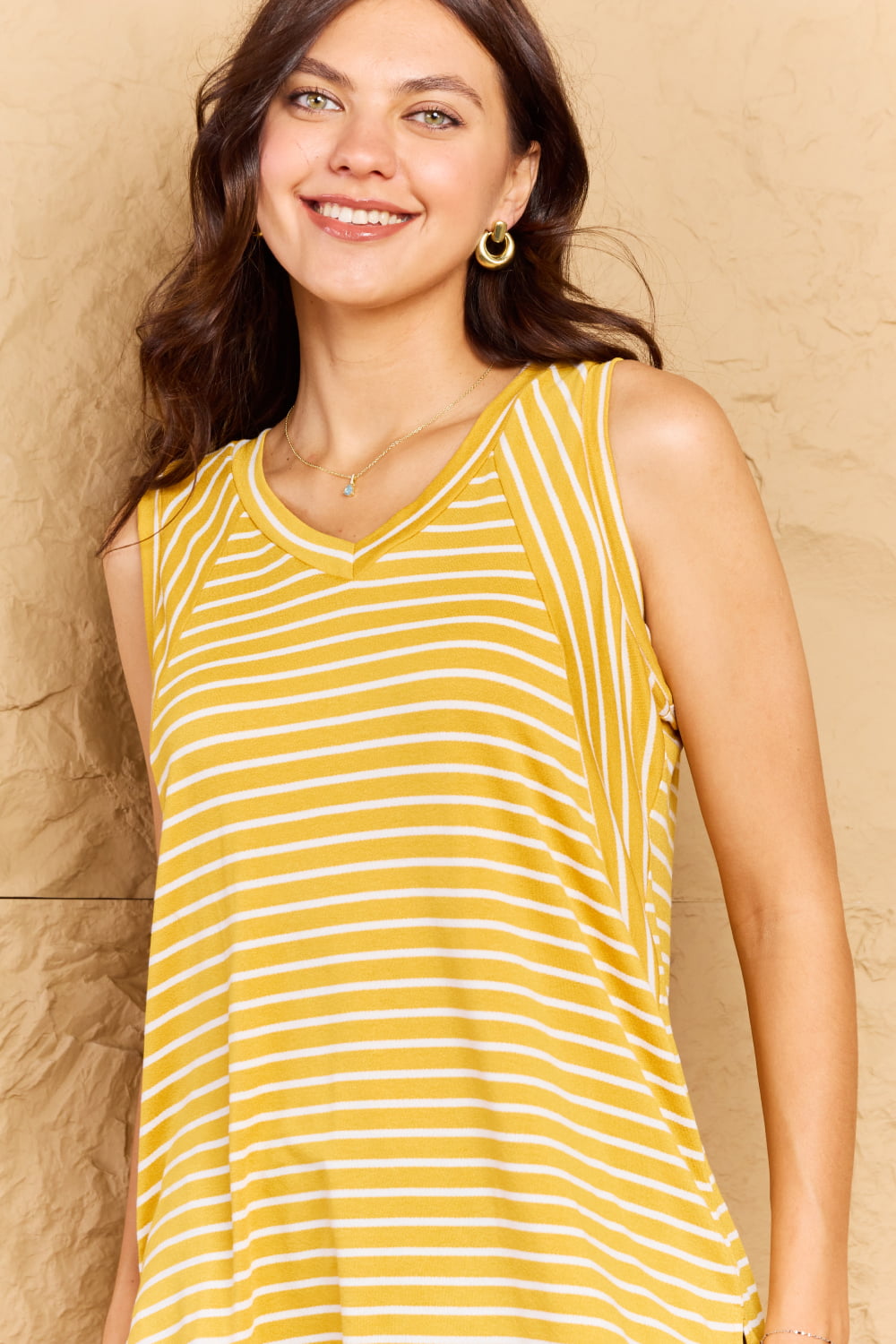 Doublju Talk To Me Full Size Striped Sleeveless V-Neck Top - The Sapphire Star