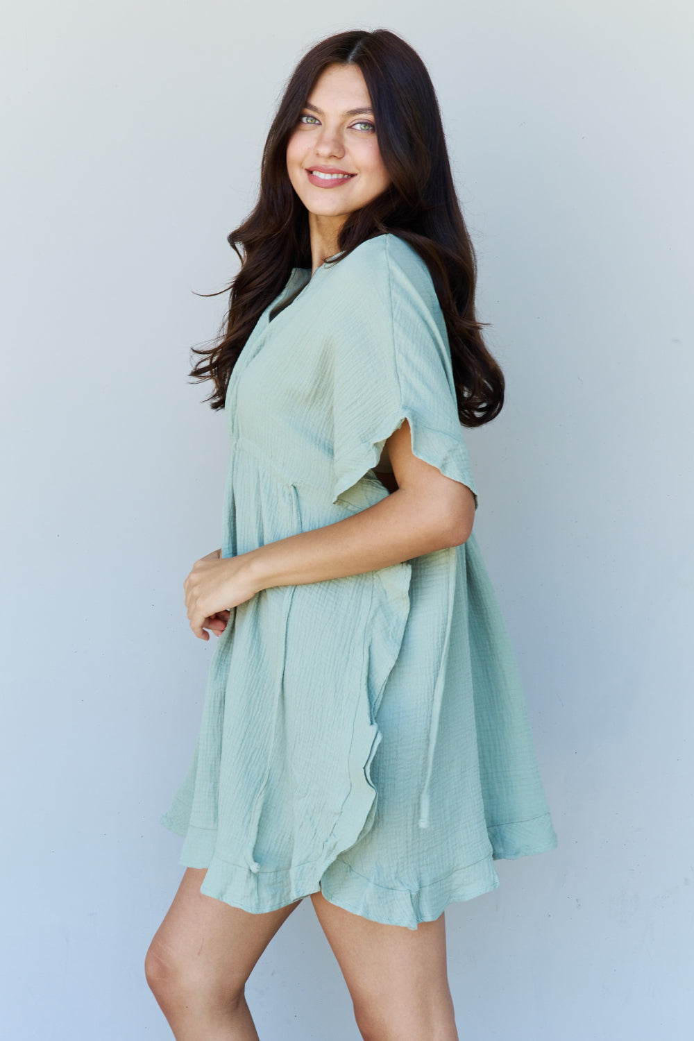 Ninexis Out Of Time Full Size Ruffle Hem Dress with Drawstring Waistband in Light Sage - The Sapphire Star