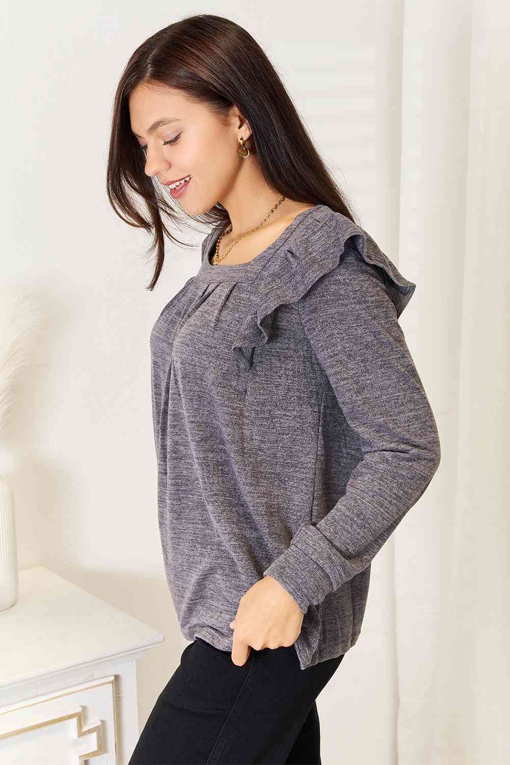 Double Take Square Neck Ruffle Shoulder Long Sleeve T-Shirt - The Sapphire Star