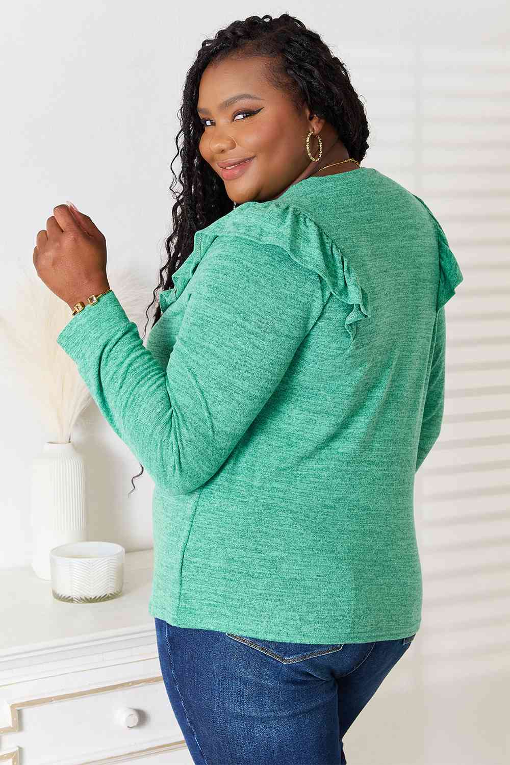 Double Take Ruffle Shoulder Long Sleeve T-Shirt - The Sapphire Star