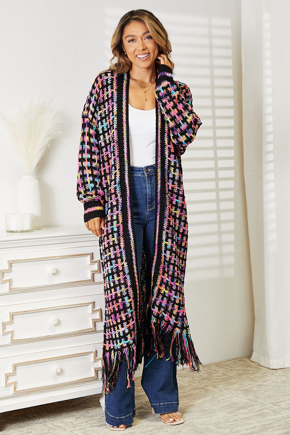 Double Take Full Size Multicolored Open Front Fringe Hem Cardigan - The Sapphire Star