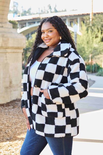 Double Take Full Size Checkered Button Front Coat with Pockets - The Sapphire Star