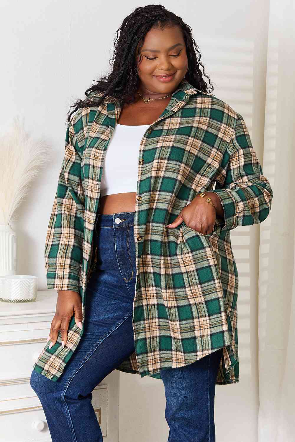 Double Take Plaid Collared Neck Long Sleeve Shirt - The Sapphire Star