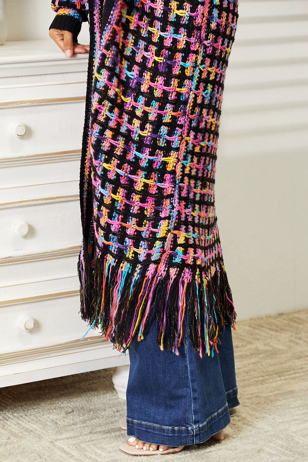 Double Take Full Size Multicolored Open Front Fringe Hem Cardigan - The Sapphire Star