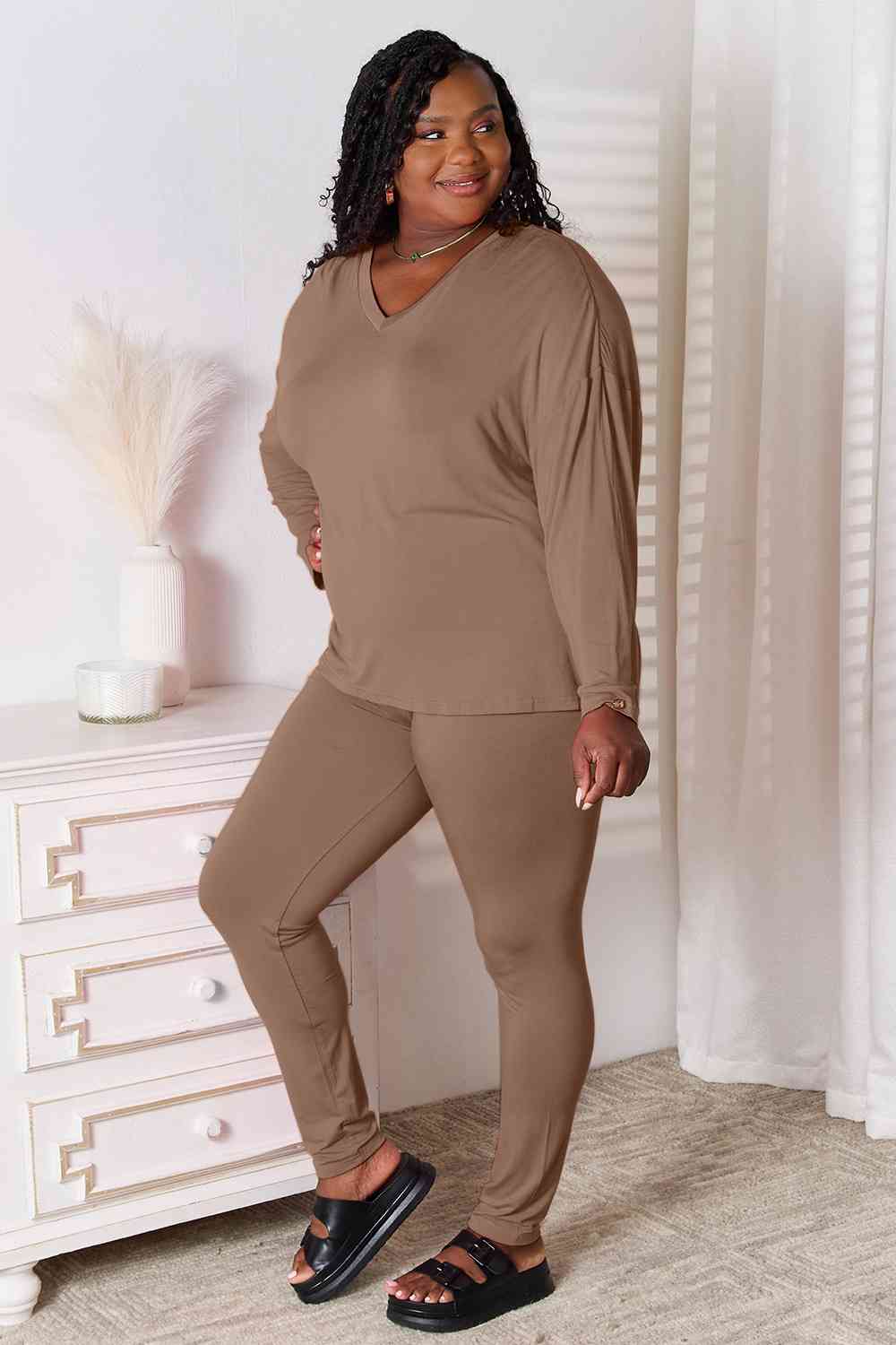 Basic Bae Full Size V-Neck Soft Rayon Long Sleeve Top and Pants Lounge Set - The Sapphire Star