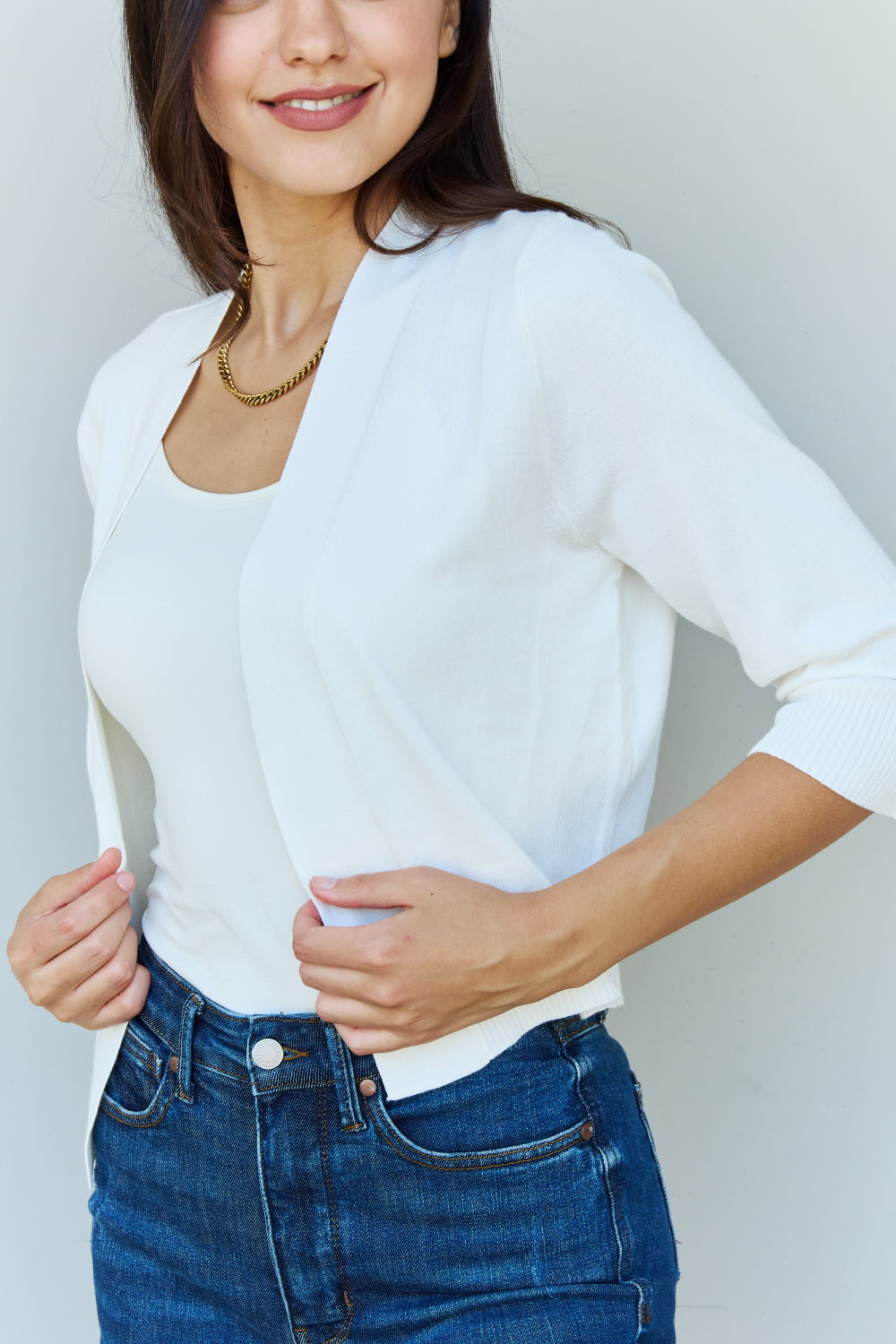 Doublju My Favorite Full Size 3/4 Sleeve Cropped Cardigan in Ivory - The Sapphire Star