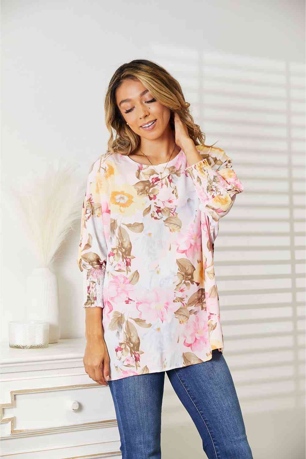 Double Take Floral Round Neck Three-Quarter Sleeve Top - The Sapphire Star