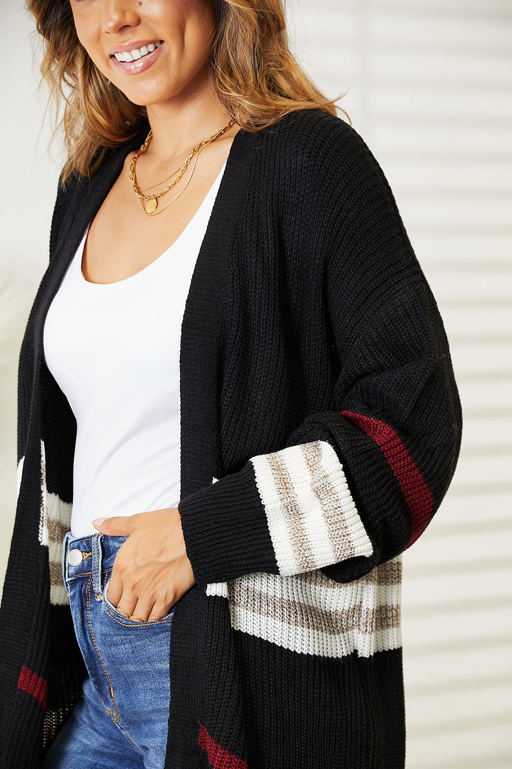 Double Take Striped Rib-Knit Drop Shoulder Open Front Cardigan - The Sapphire Star