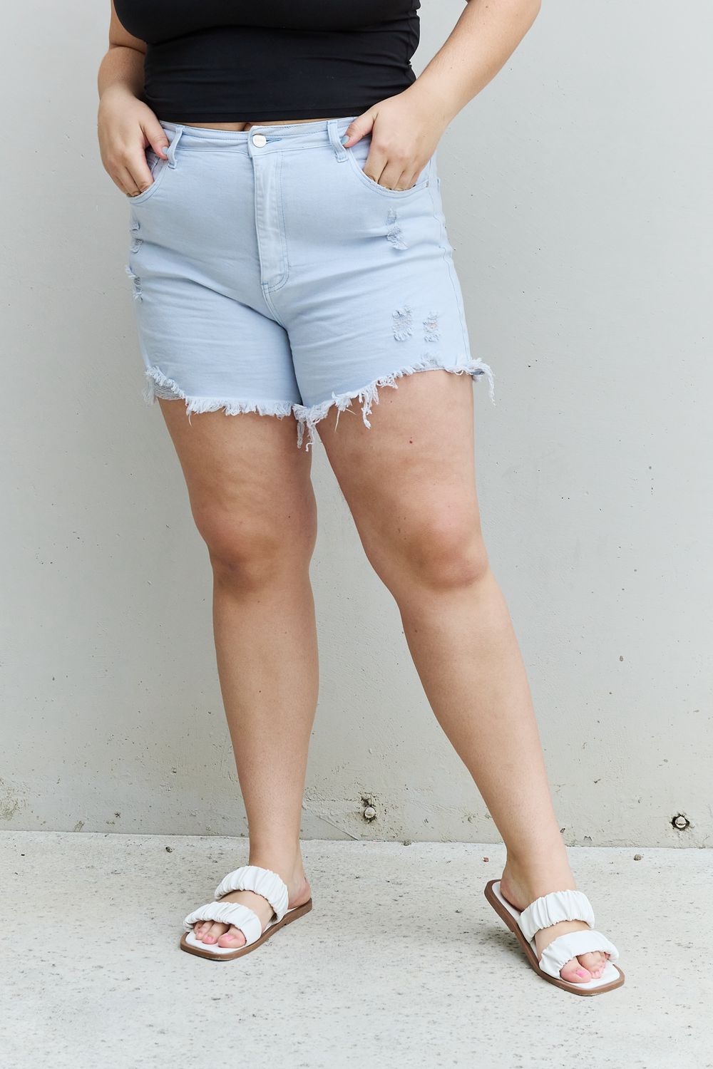 RISEN Katie Full Size High Waisted Distressed Shorts in Ice Blue - The Sapphire Star