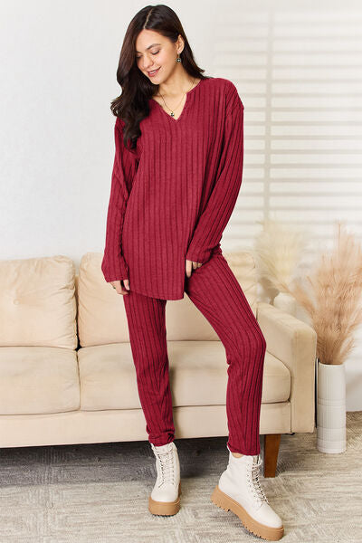 Basic Bae Full Size Notched Long Sleeve Top and Pants Set - The Sapphire Star