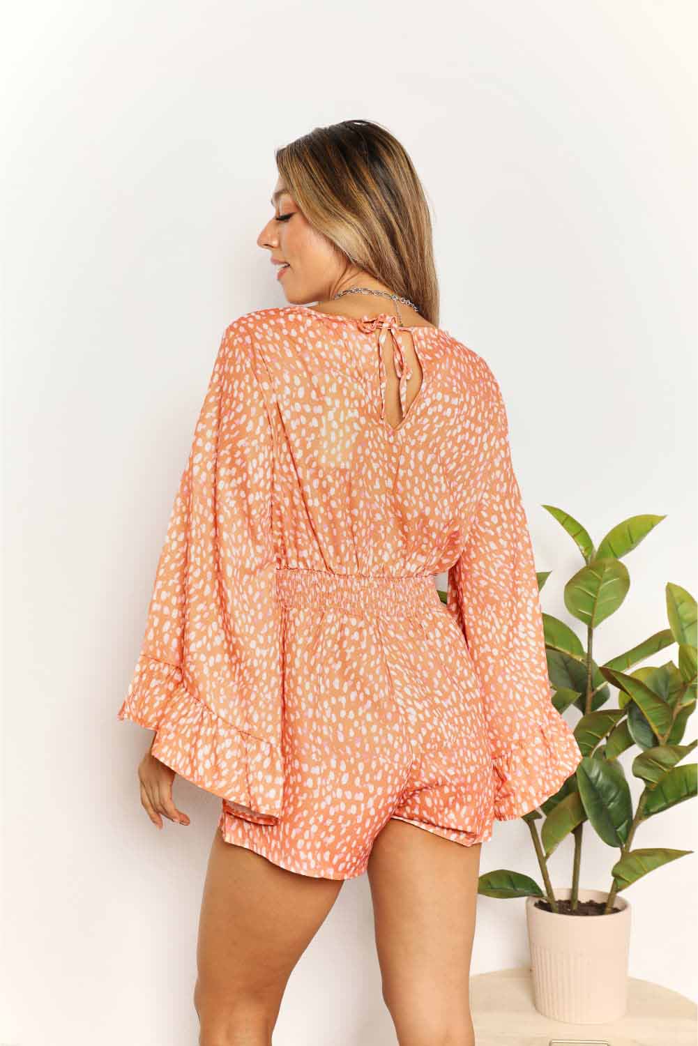 Double Take Printed Flare Sleeve Surplice Romper - The Sapphire Star