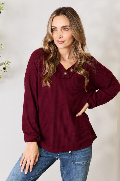 Zenana Buttoned V-Neck Long Sleeve Blouse - The Sapphire Star