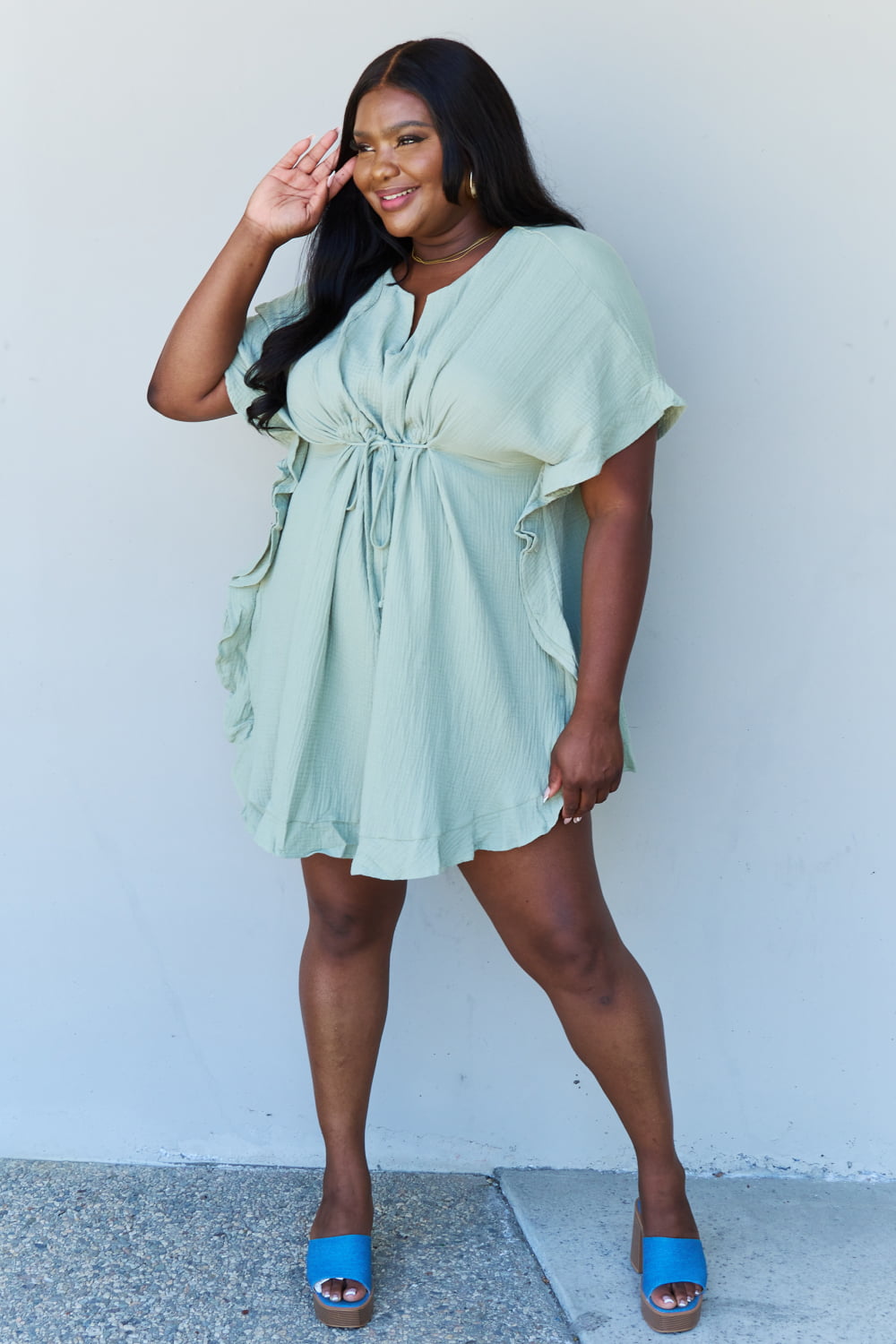 Ninexis Out Of Time Full Size Ruffle Hem Dress with Drawstring Waistband in Light Sage - The Sapphire Star