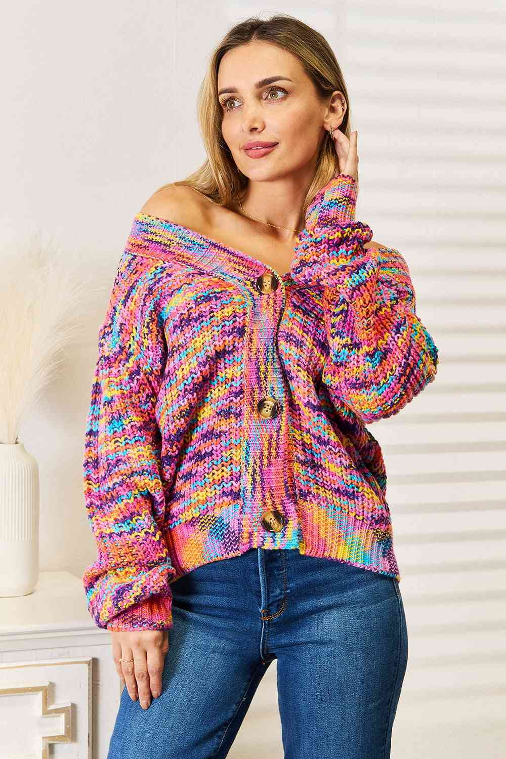 Woven Right V-Neck Long Sleeve Cardigan - The Sapphire Star