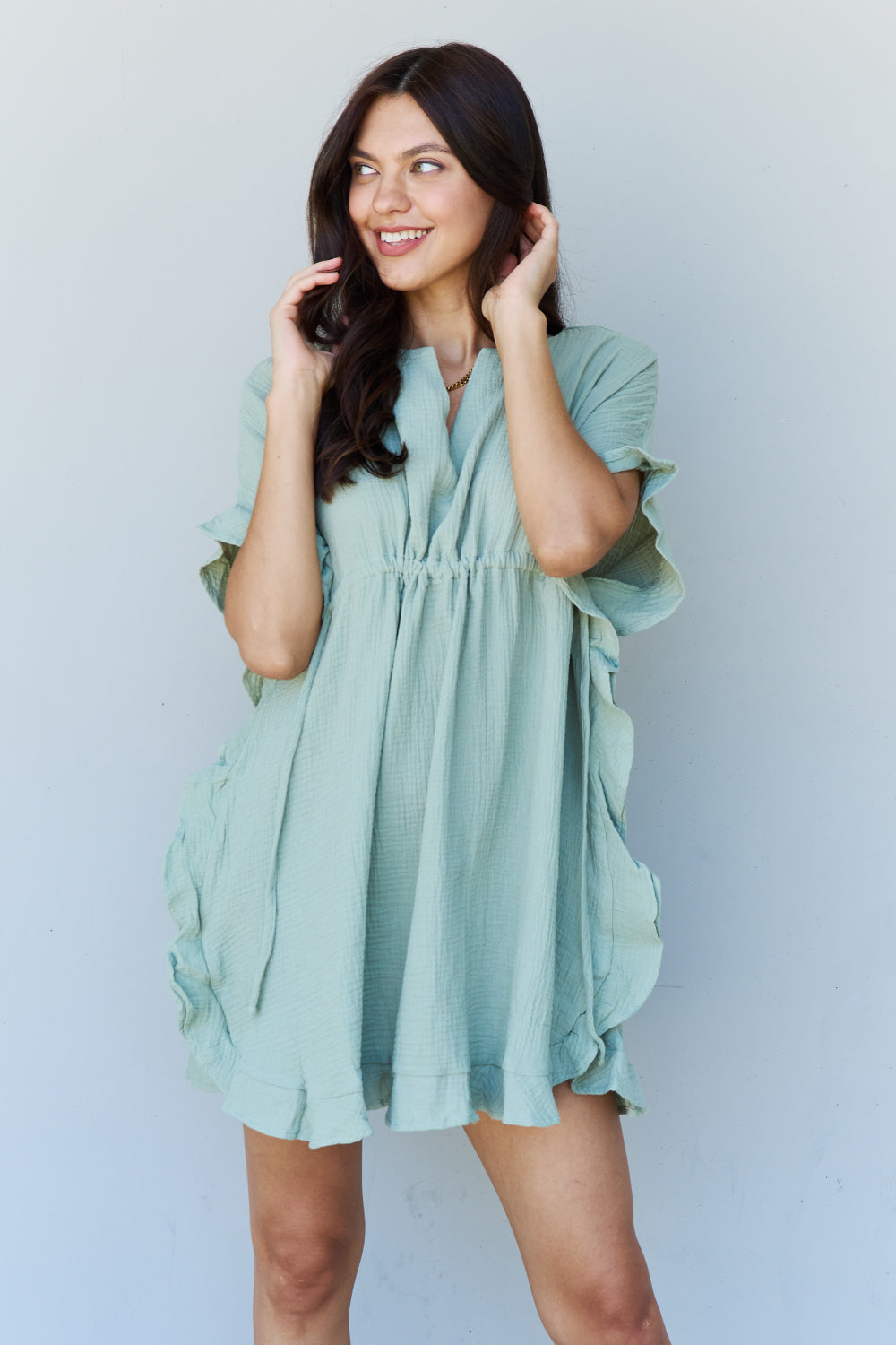 Ninexis Out Of Time Full Size Ruffle Hem Dress with Drawstring Waistband in Light Sage - The Sapphire Star