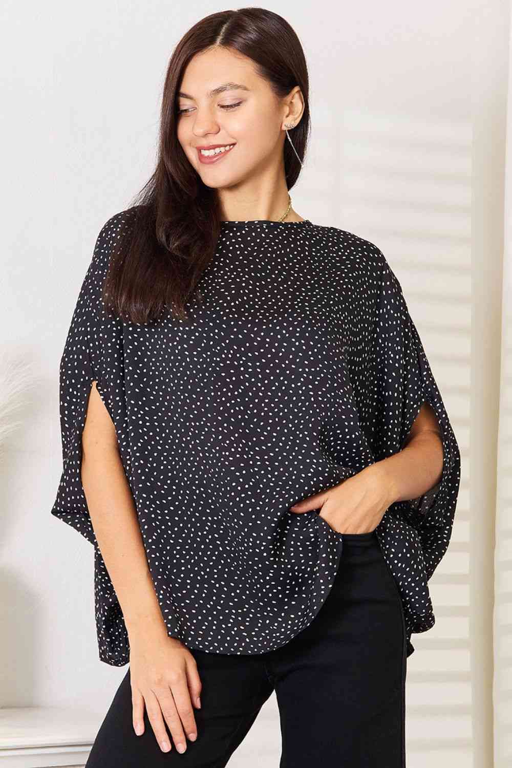 Double Take Printed Dolman Sleeve Round Neck Blouse - The Sapphire Star