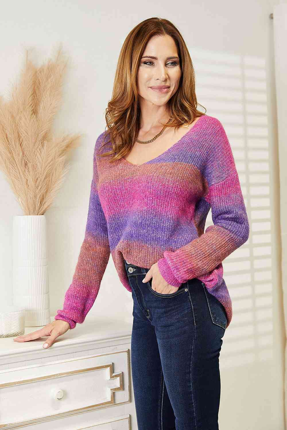 Double Take Multicolored Rib-Knit V-Neck Knit Pullover - The Sapphire Star