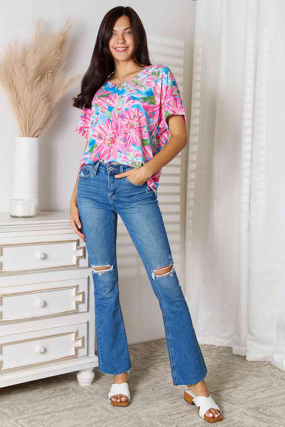 Double Take Floral V-Neck Short Sleeve Blouse - The Sapphire Star